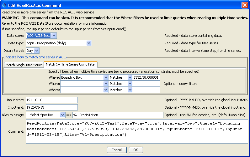 ReadRccAcis command editor for reading multiple time series