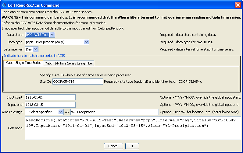 ReadRccAcis command editor for reading a single time series