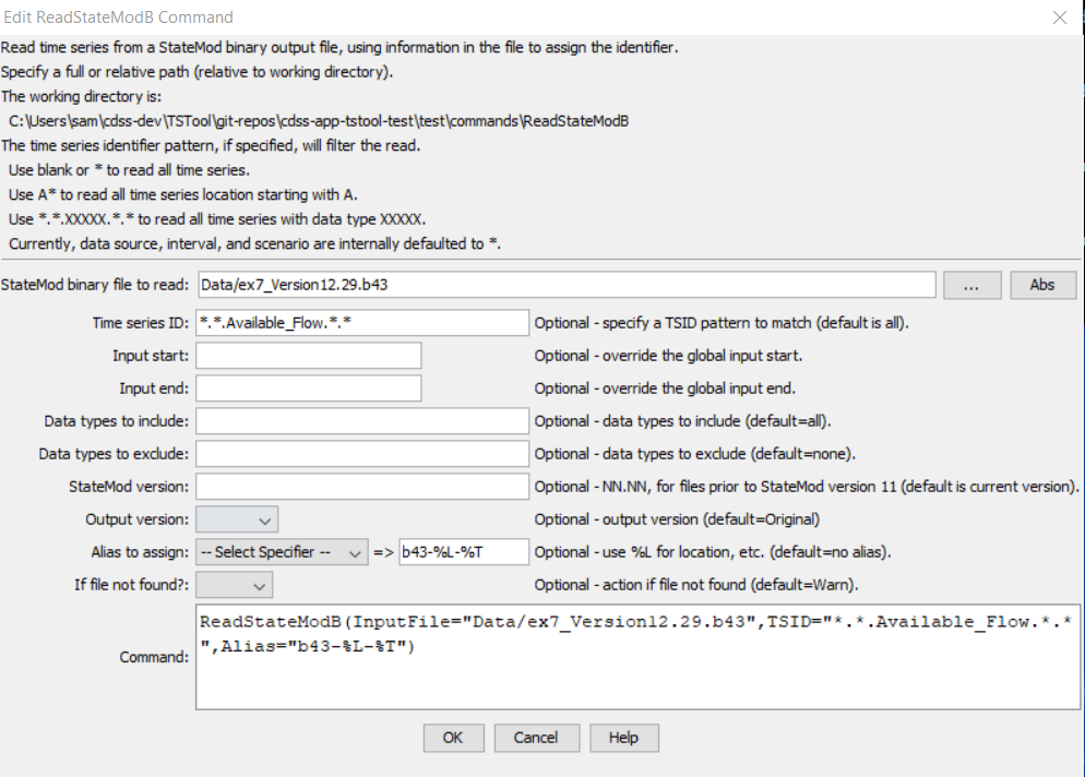 ReadStateModB command editor when matching a TSID pattern
