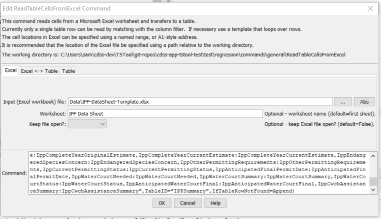 ReadTableCellsFromExcel command editor for Excel file Parameters