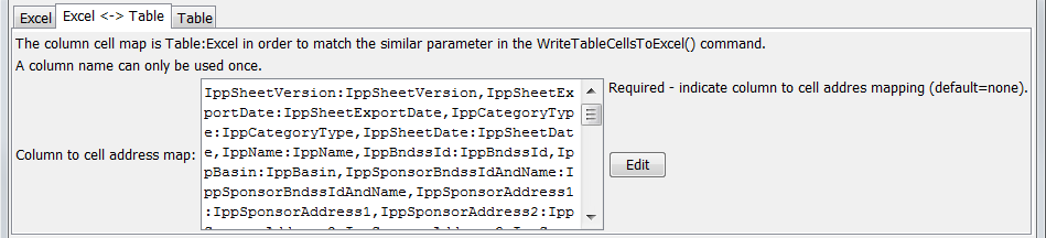 ReadTableCellsFromExcel command editor for Excel cell map parameters
