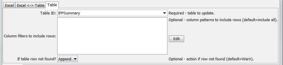 ReadTableCellsFromExcel command editor for Table parameters