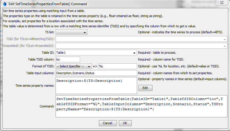SetTimeSeriesPropertiesFromTable command editor