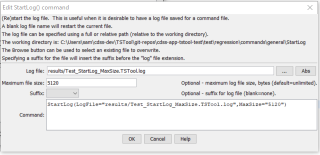 StartLog command editor