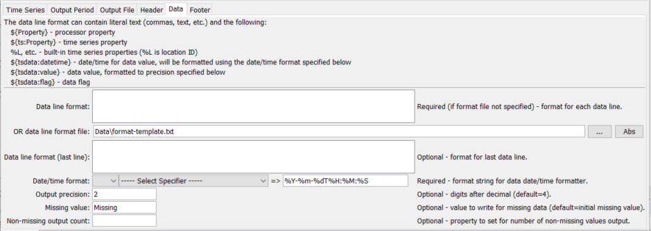 WriteTimeSeriesToDataStream command editor for Data parameters