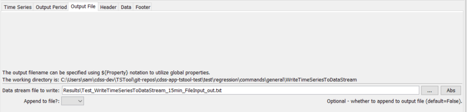 WriteTimeSeriesToDataStream command editor for Output File parameters