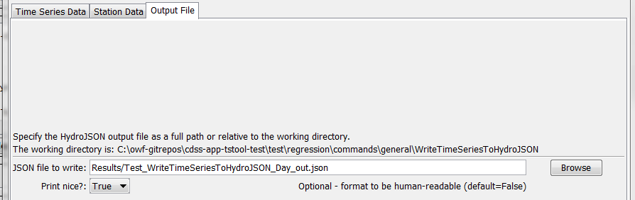 WriteTimeSeriesToHydroJSON command editor for Output parameters