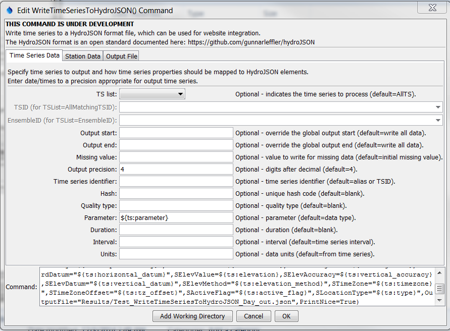 WriteTimeSeriesToHydroJSON command editor for time series parameters