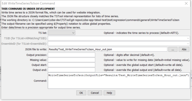 WriteTimeSeriesToJson command editor