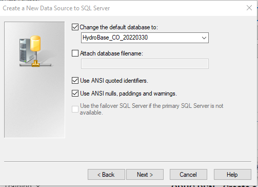 Select Database for Create a New Data Source to SQL Server