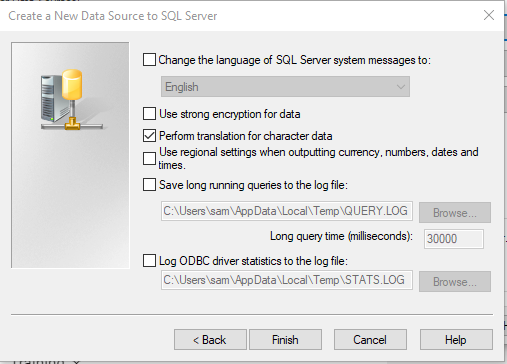 Database Properties for Create a New Data Source to SQL Server