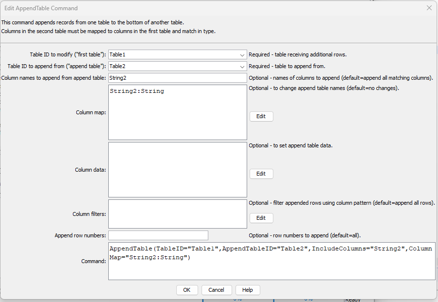 AppendTable command editor