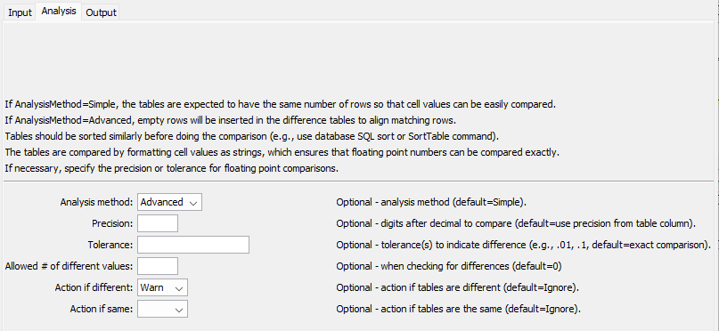 CompareTables command editor for analysis parameeters