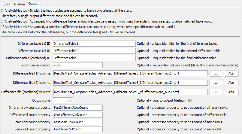 CompareTables command editor for output parameeters