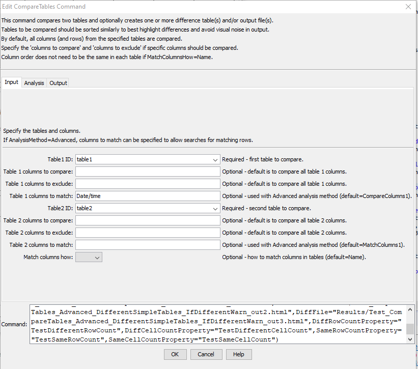 CompareTables command editor for input parameeters