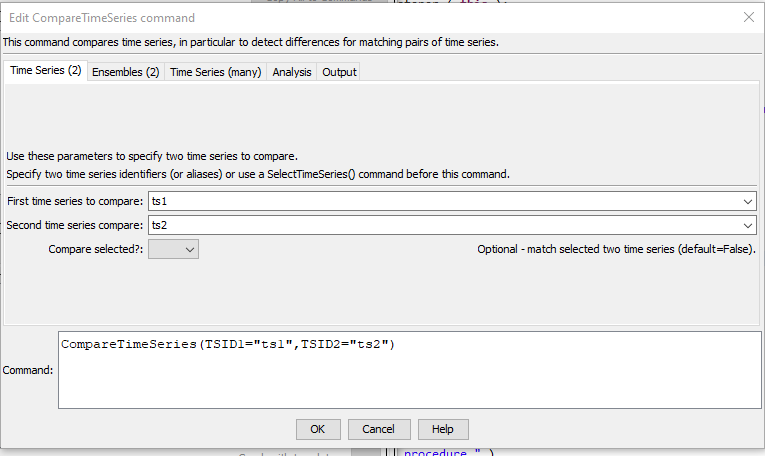 CompareTimeSeries command editor to compare two time series