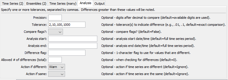 CompareTimeSeries command editor for Analysis parameters