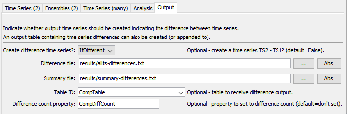 CompareTimeSeries command editor for Output parameters