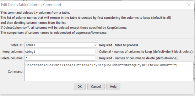 DeleteTableColumns command editor