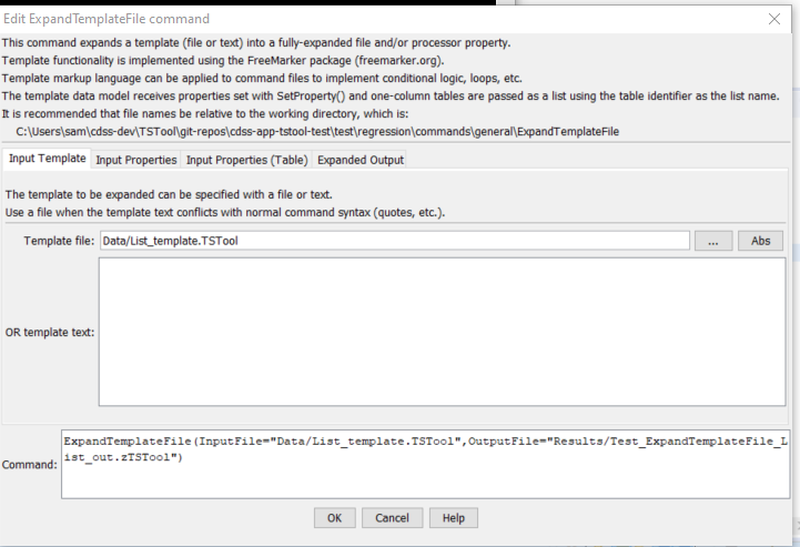 ExpandTemplateFile command editor for Input Template parameters