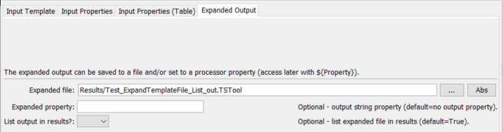 ExpandTemplateFile command editor for Expanded Output parameters