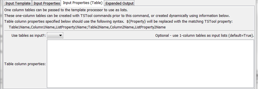 ExpandTemplateFile command editor for Table Input Property parameters