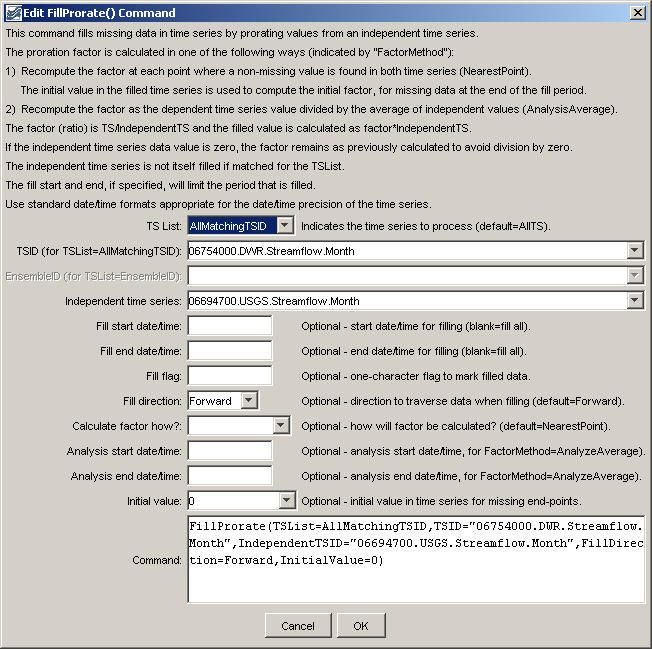 FillProrate command editor
