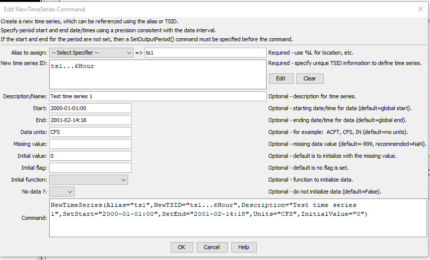 NewTimeSeries command editor
