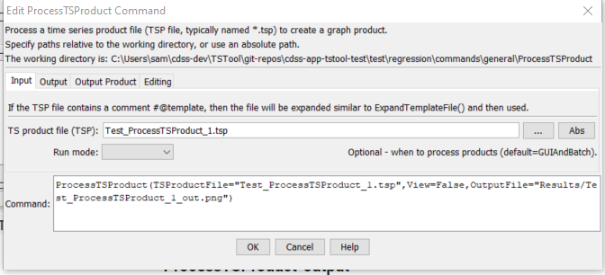 ProcessTSProduct command editor for Input parameters