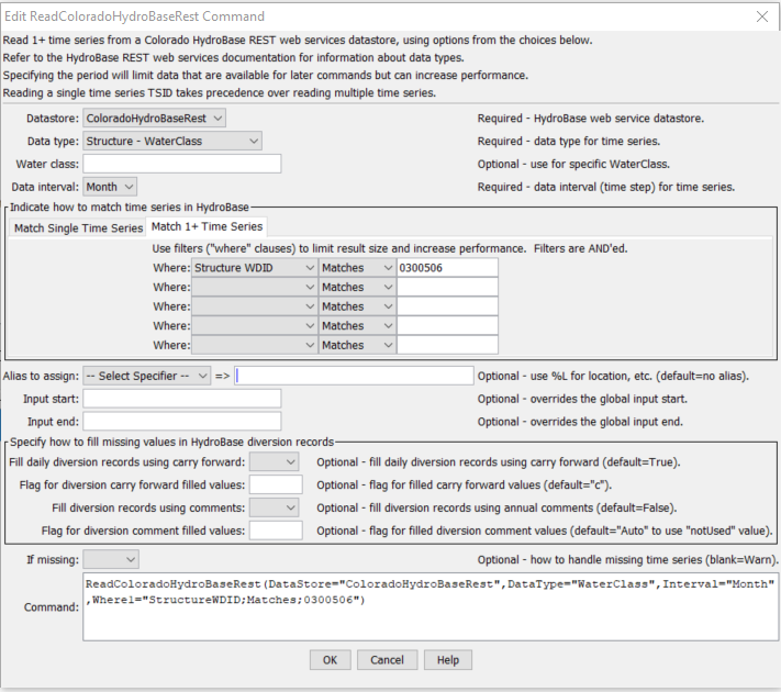 ReadColoradoHydroBase command editor to read multiple time series