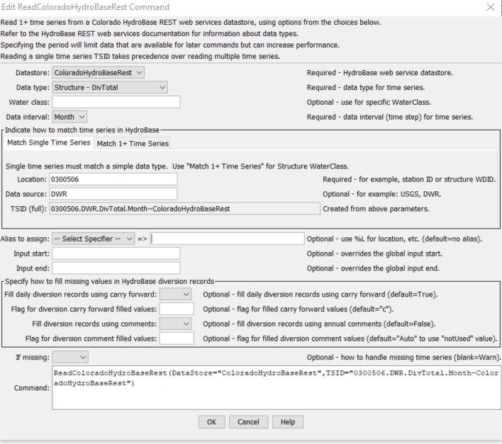 ReadColoradoHydroBaseRest command editor to read a single time series