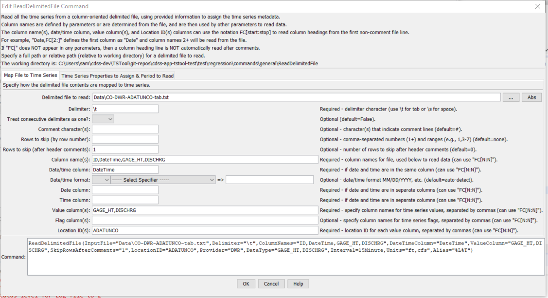 ReadDelimitedFile command editor to map file to time series