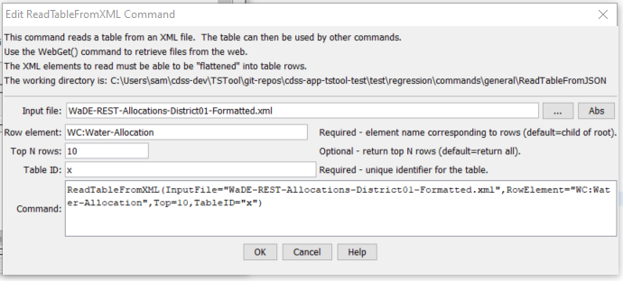 ReadTableFromXml command editor