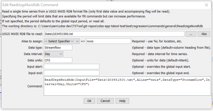 ReadUsgsNwisRdb command editor