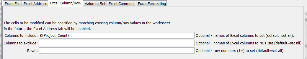 SetExcelCell command editor for Excel column and row parameters
