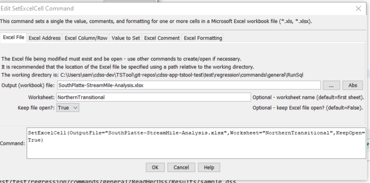 SetExcelCell command file for Excel file parameters