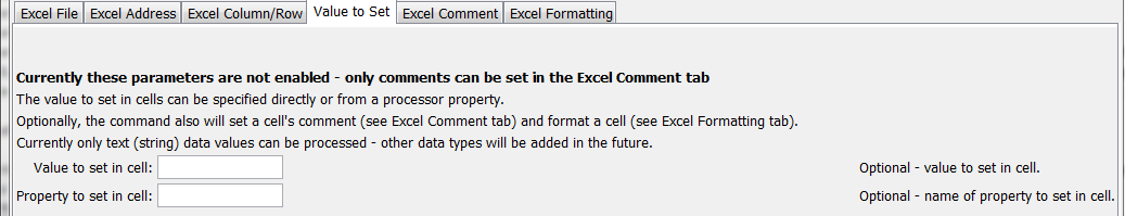 SetExcelCell command editor for Excel data value parameters