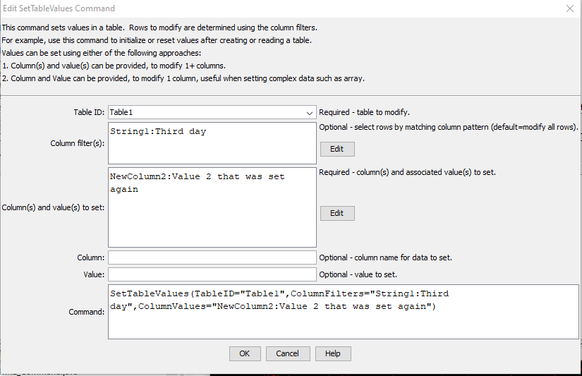 SetTableValues command editor