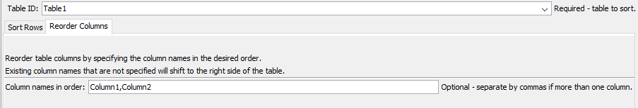 SortTable command editor for reordering columns