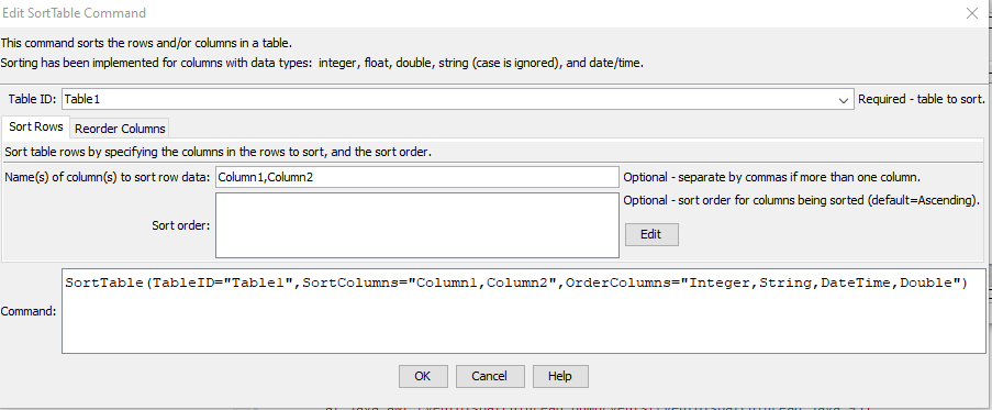 SortTable command editor for sorting rows