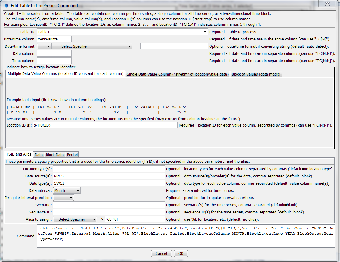TableToTimeSeries command editor for table with data in block format