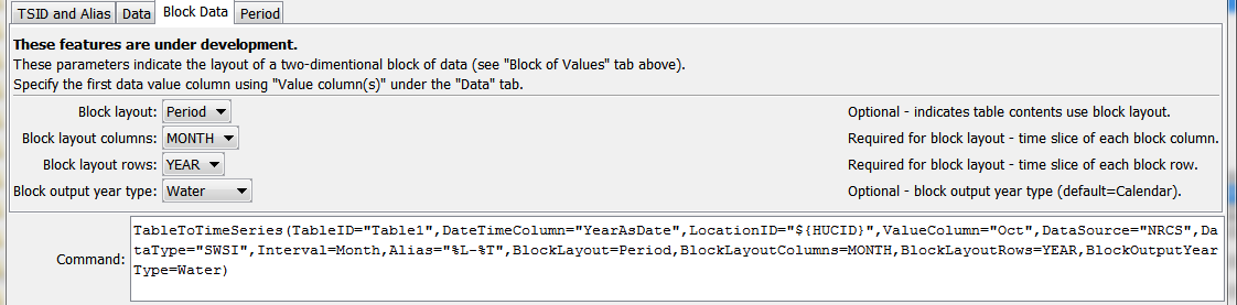 TableToTimeSeries command editor for parameters for table with data in block format