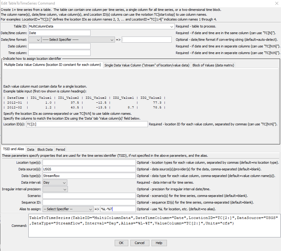 TableToTimeSeries command editor for table with multiple data columns