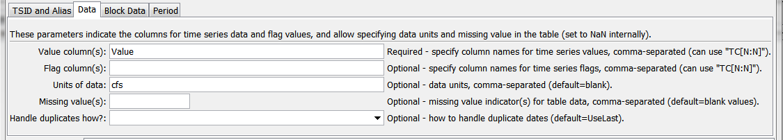TableToTimeSeries command editor for data parameters