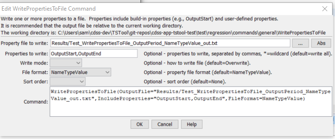 WritePropertiesToFile command editor