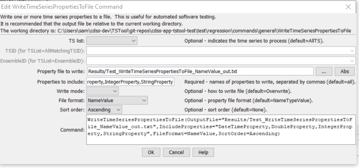 WriteTimeSeriesPropertiesToFile command editor