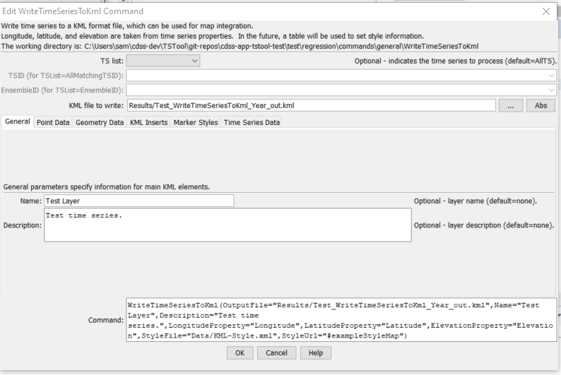 WriteTimeSeriesToKml command editor