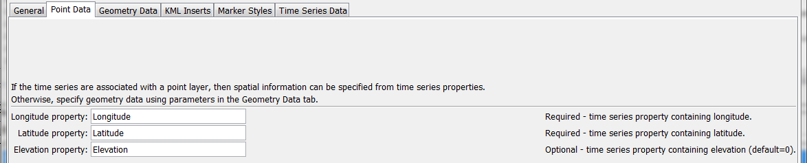 WriteTimeSeriesToKml command editor for Point Data parameters