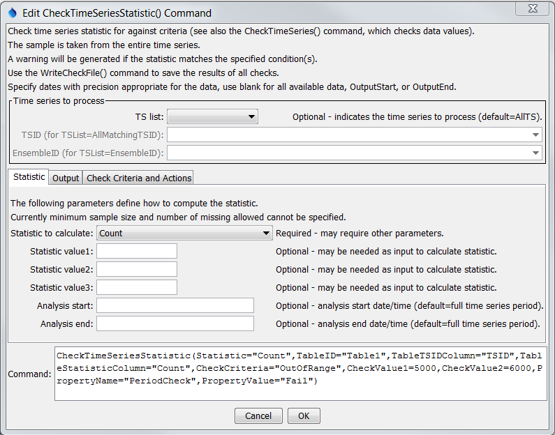 CheckTimeSeriesStatistic command editor for Statistic parameters