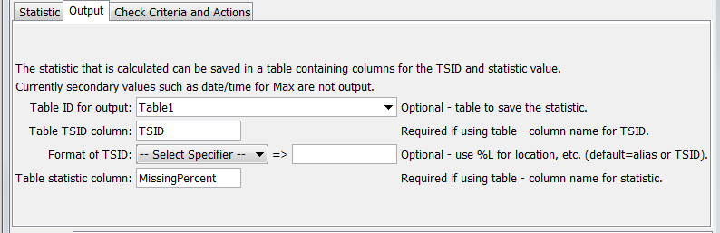 CheckTimeSeriesStatistic command editor for Output parameters